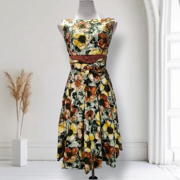 Vintage 50s Sequin Floral Fit & Flare Dress Size 0 Boat Neck Yellow Brown Formal